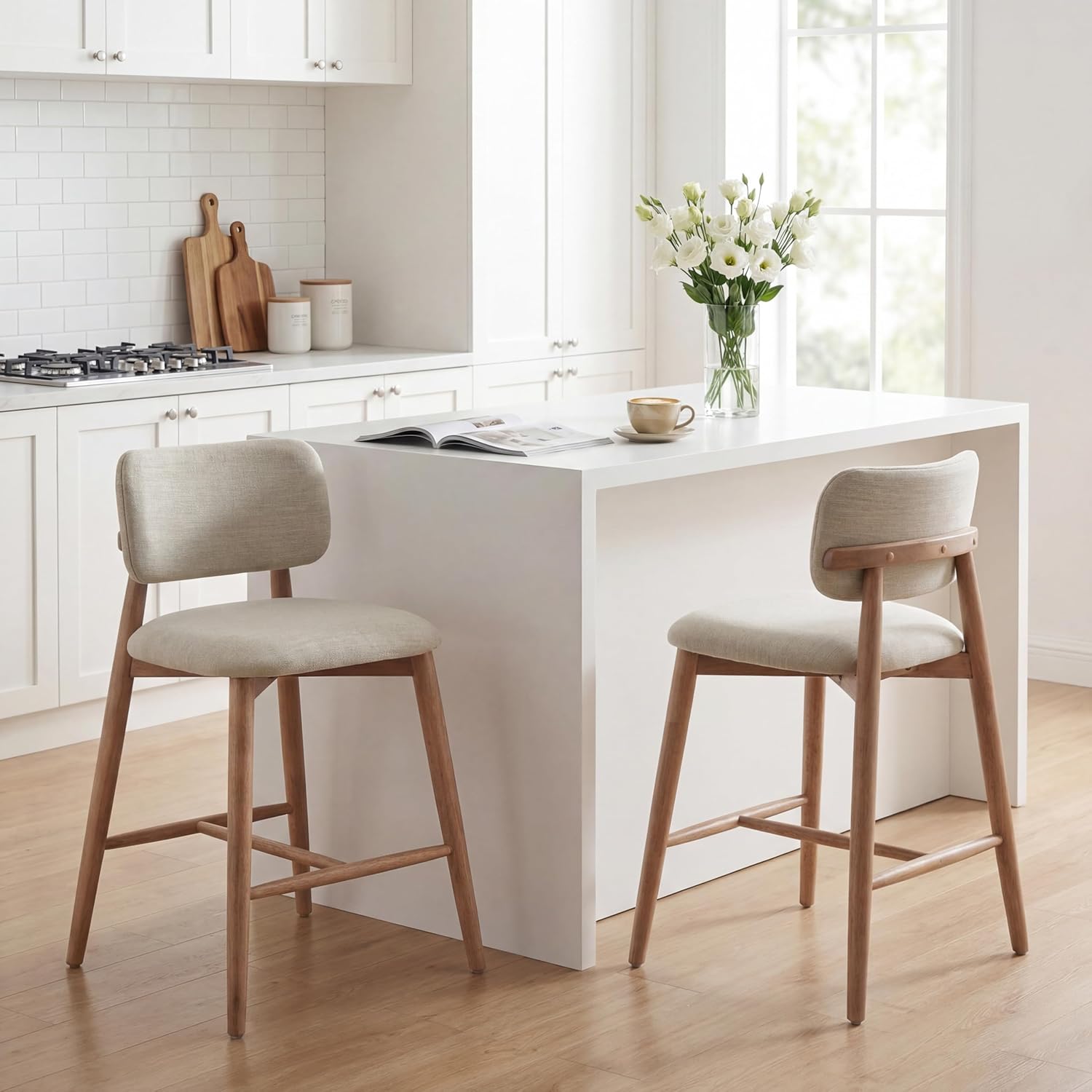 Christopher Knight Home Mundo Counter Height Bar Stools Set of 2, Fabric Upholstered Counter Stools and Curved Backrest, Rubberwood Kitchen Island Armchair with Splayed Legs, Beige + Natural
