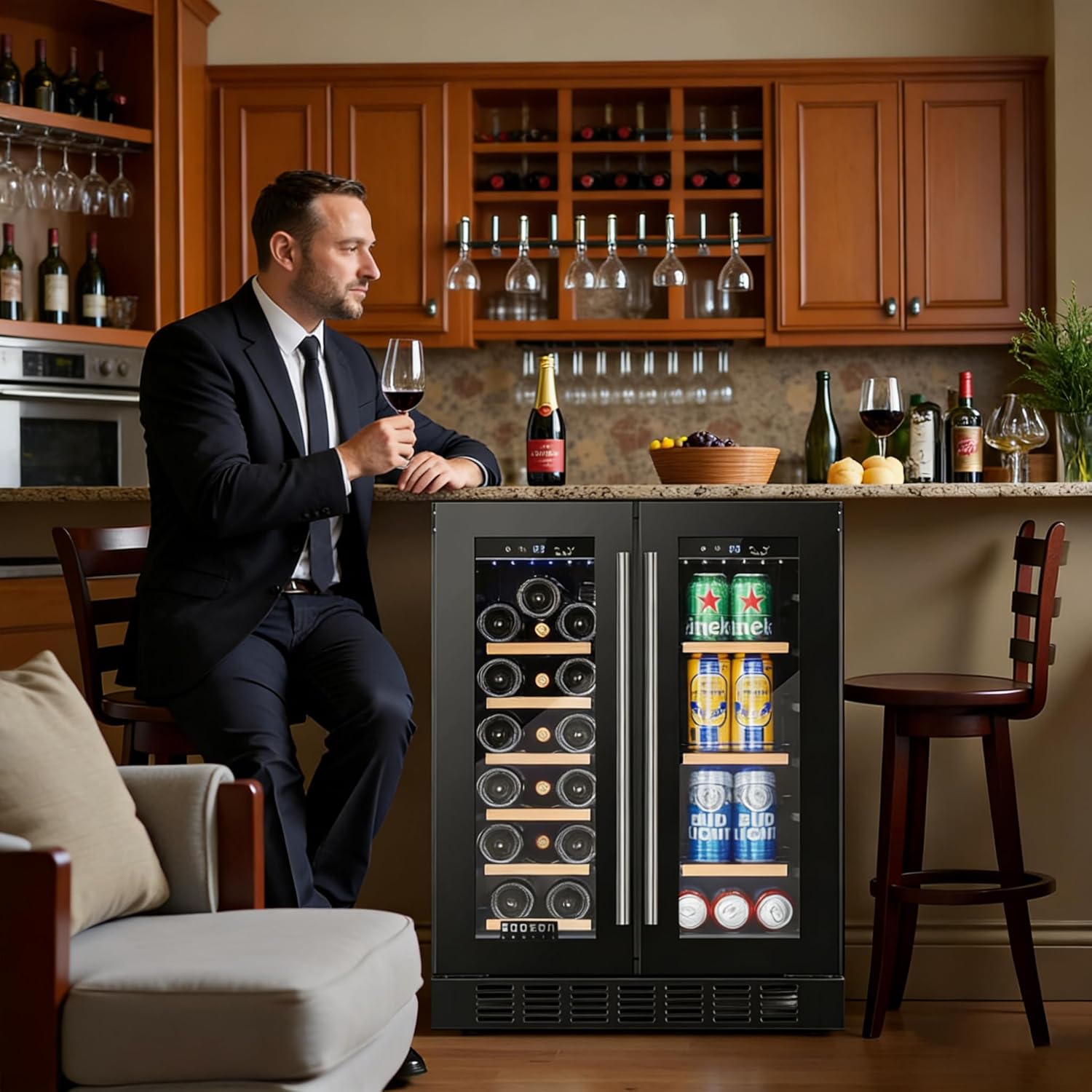 BODEGACOOLER 24 Inch Wine and Beverage Refrigerator Free Standing. Dual Zone Stainless Steel Wine Fridge under Counter, Drink Cooler for Beer, Soda, Champagne, Holds 41 Cans and 17 Bottles, Black