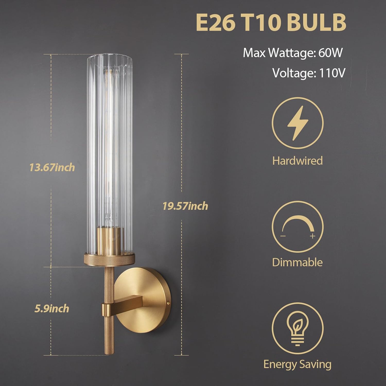 19.5" Knurled Brass Wall Sconces Set of 2, Gold Bathroom Vanity Light Fixtures with Vertical Striped Glass Tube, Modern Lamp Lighting for Bedroom, Living Room, Hallway, Staircase, Mirror, Kitchen