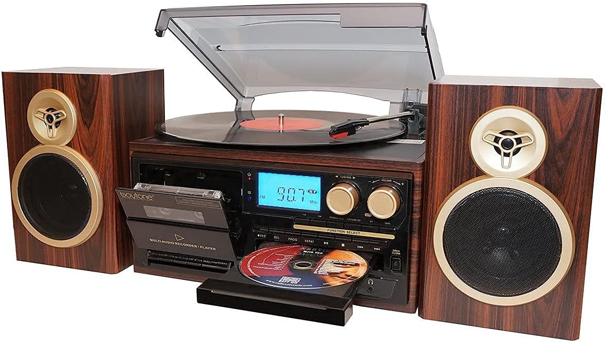 Boytone BT-28SPM, Bluetooth Classic Style Record Player Turntable with AM/FM Radio, CD / Cassette Player, 2 Separate Stereo Speakers