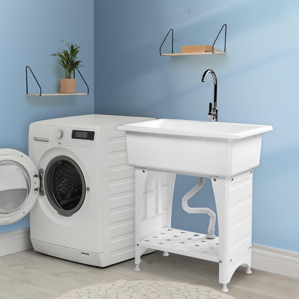 VINGLI Spacious White Utility Sink Laundry Tub for Laundry Room, Garage Washing Station, Slop Sink, Freestanding Sink with Stainless Steel Faucet, Drain, Storage Shelf and Removable Drainboard,White