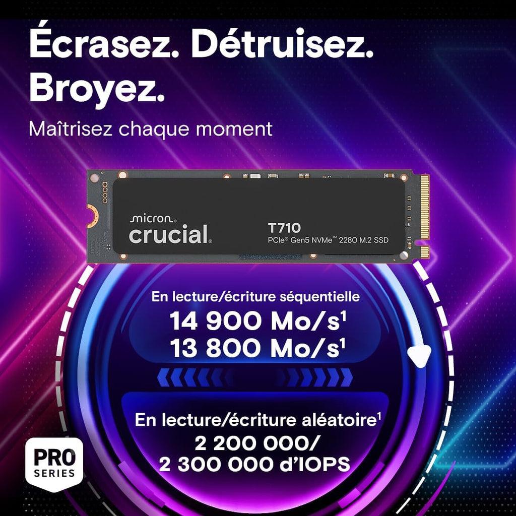 Crucial T710 PCIe Gen5 NVMe 1TB SSD, Up to 14,900 MB/s, Laptop & Desktop Compatible (PC), for Creatives and Hardcore Gamers, Solid State Drive, Includes 1Mo Adobe CC – CT1000T710SSD8-01