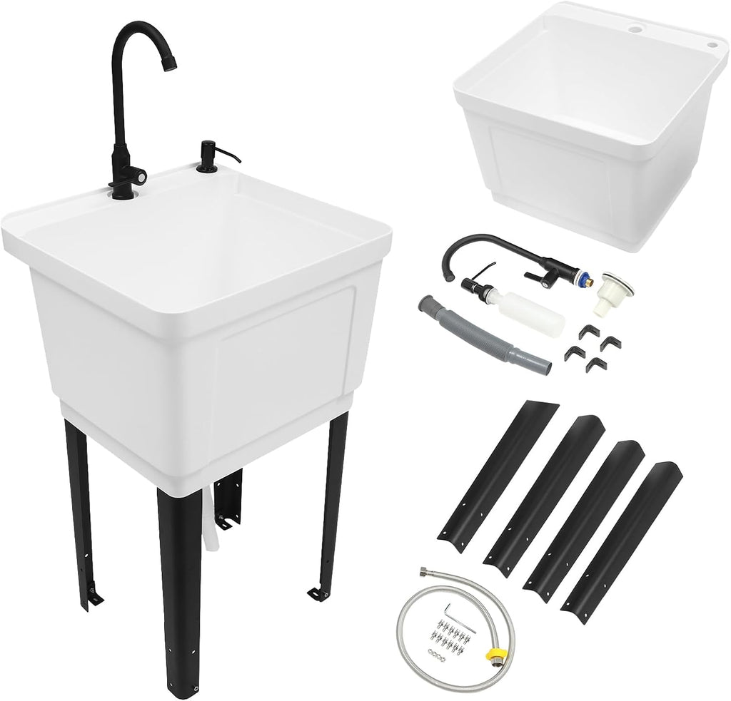 Freestanding Utility Sink, Utility Sink Extra-Deep Laundry Tub, Freestanding Plastic Utility Sink Laundry Tub Sink for Basement, Laundry Room, Garage or Shop (White)