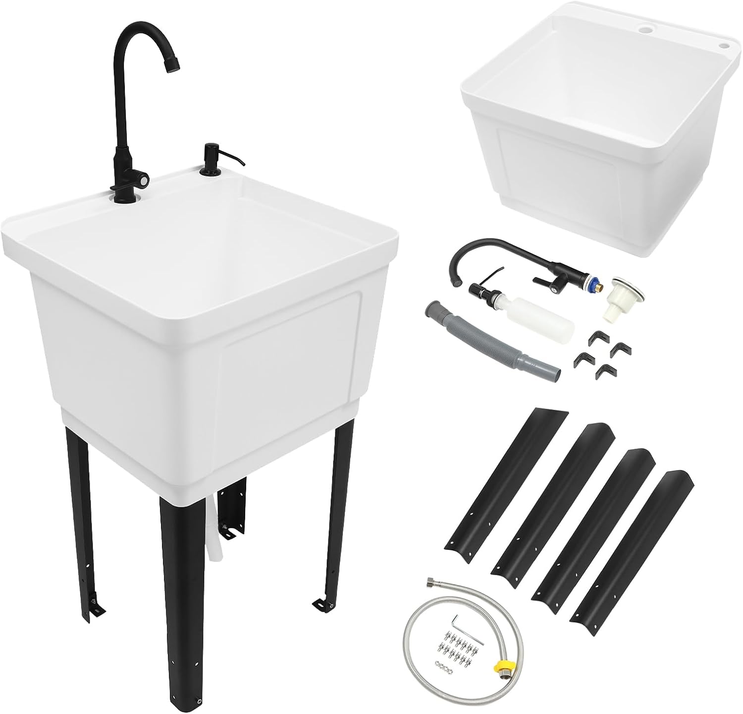 Freestanding Utility Sink, Utility Sink Extra-Deep Laundry Tub, Freestanding Plastic Utility Sink Laundry Tub Sink for Basement, Laundry Room, Garage or Shop (White)