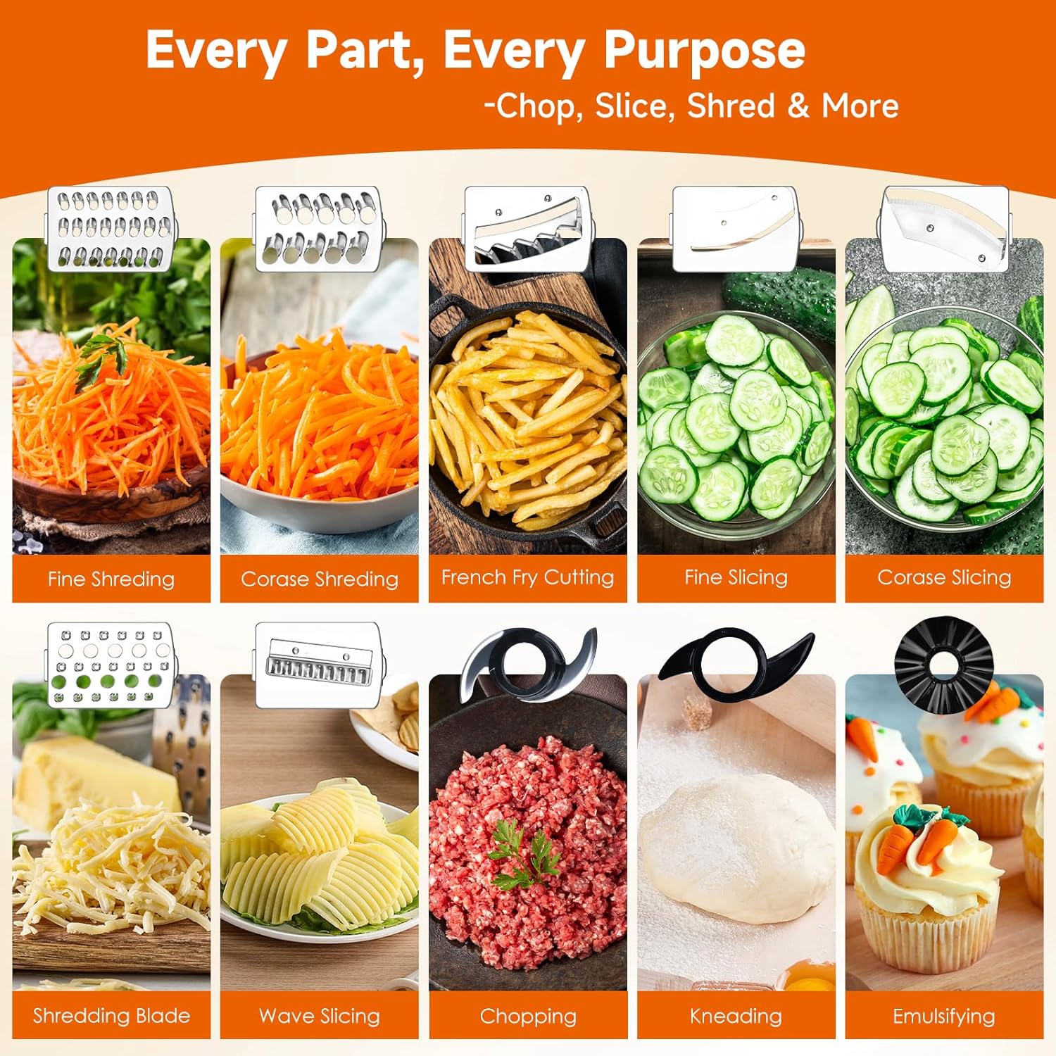Davivy 7-Cup Food Processor with Built-in Storage Drawer | 600W Motor, 10-Blade Set for French Fries, Wavy Slicing, Dough Kneading | 3-Speed Compact Chopper for Home Kitchen Meal Prep, Black
