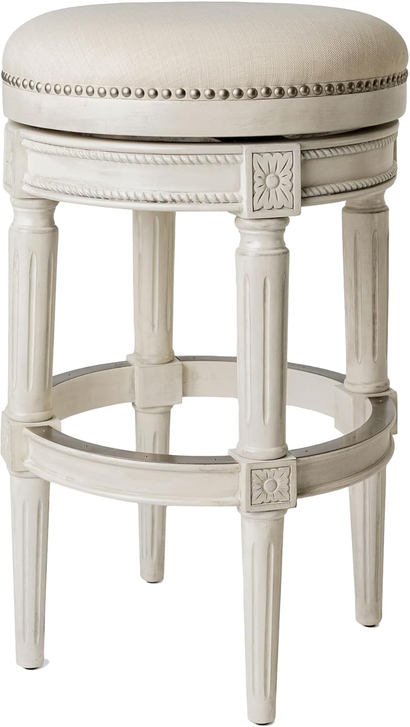 Maven Lane Pullman Backless Bar Stool 31 Inches – Swivel Stool with Footrest – White Solid Wood Frame & Natural Fabric Upholstery – Perfect for Bars, Pub Tables & Tall Kitchen Counters
