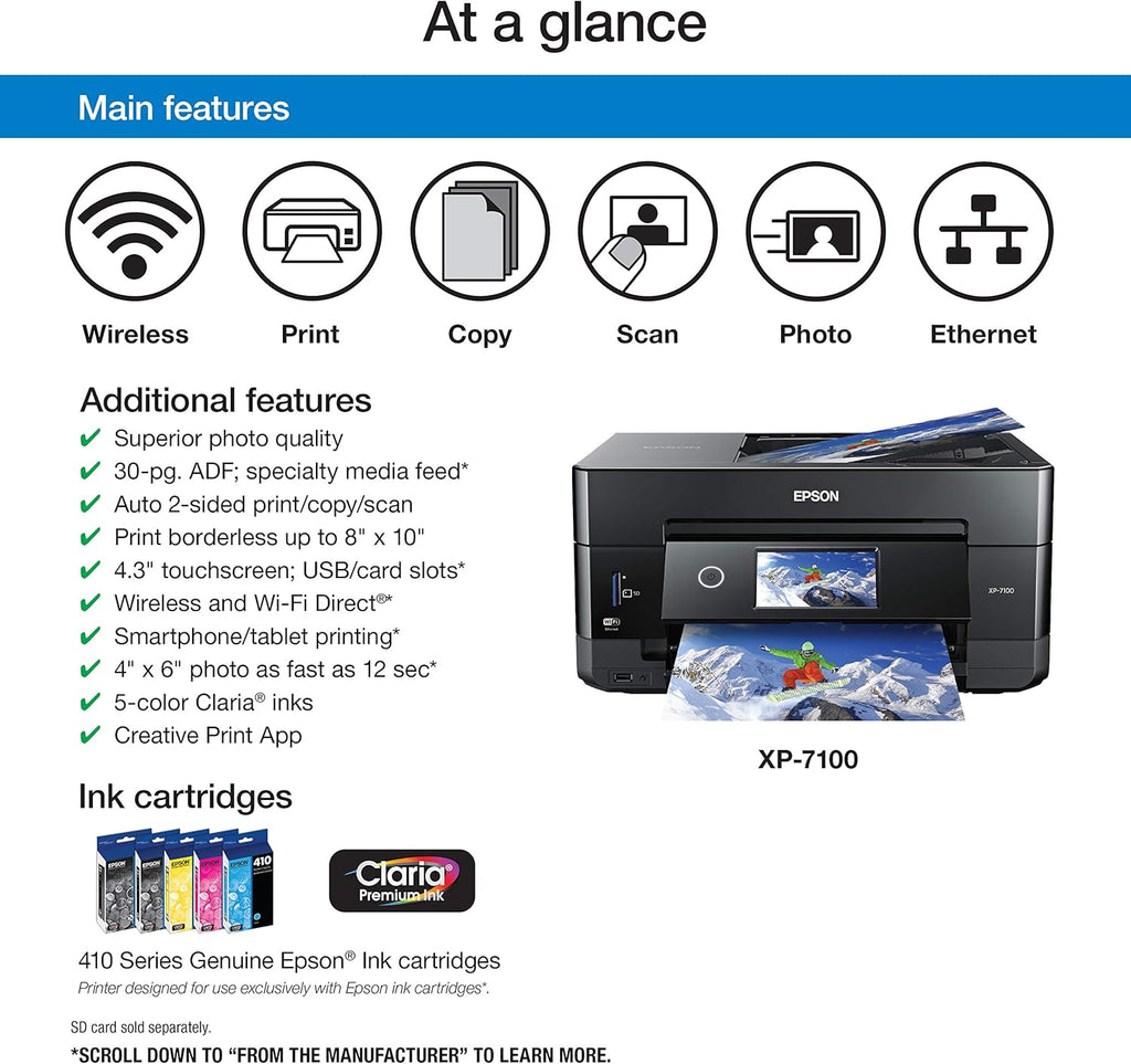 Epson Expression Premium XP-7100 Wireless Color Photo Printer with ADF, Scanner and Copier, Black, Small