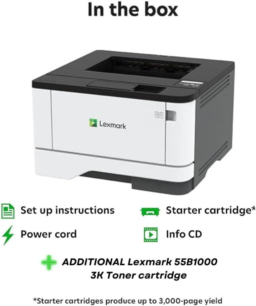 Lexmark MS431DN Laser Printer - Monochrome - 42 ppm Mono - 2400 dpi - Automatic Duplex Print - 100 Sheets Input - Gigabit Ethernet (29S0050) Bundle with Lexmark 55B1000 Black 3K Yield Toner Cartridge