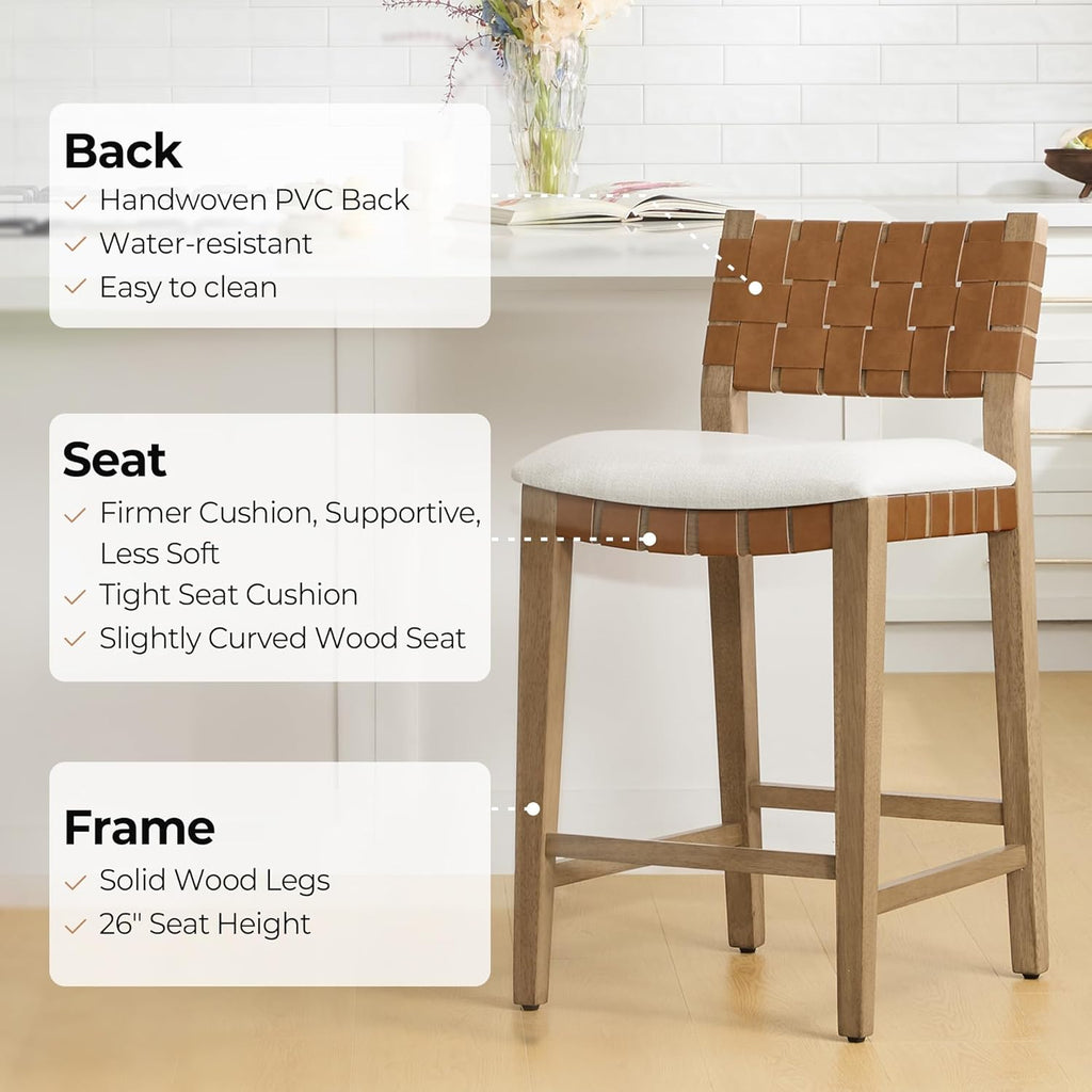 CHITA Woven Bar Stools Set of 3, 26" Counter Height Bar Stools with Backrest, Handwoven Counter Stools with Wood Frame for Kitchen Island & Home Bar, Saddle Brown