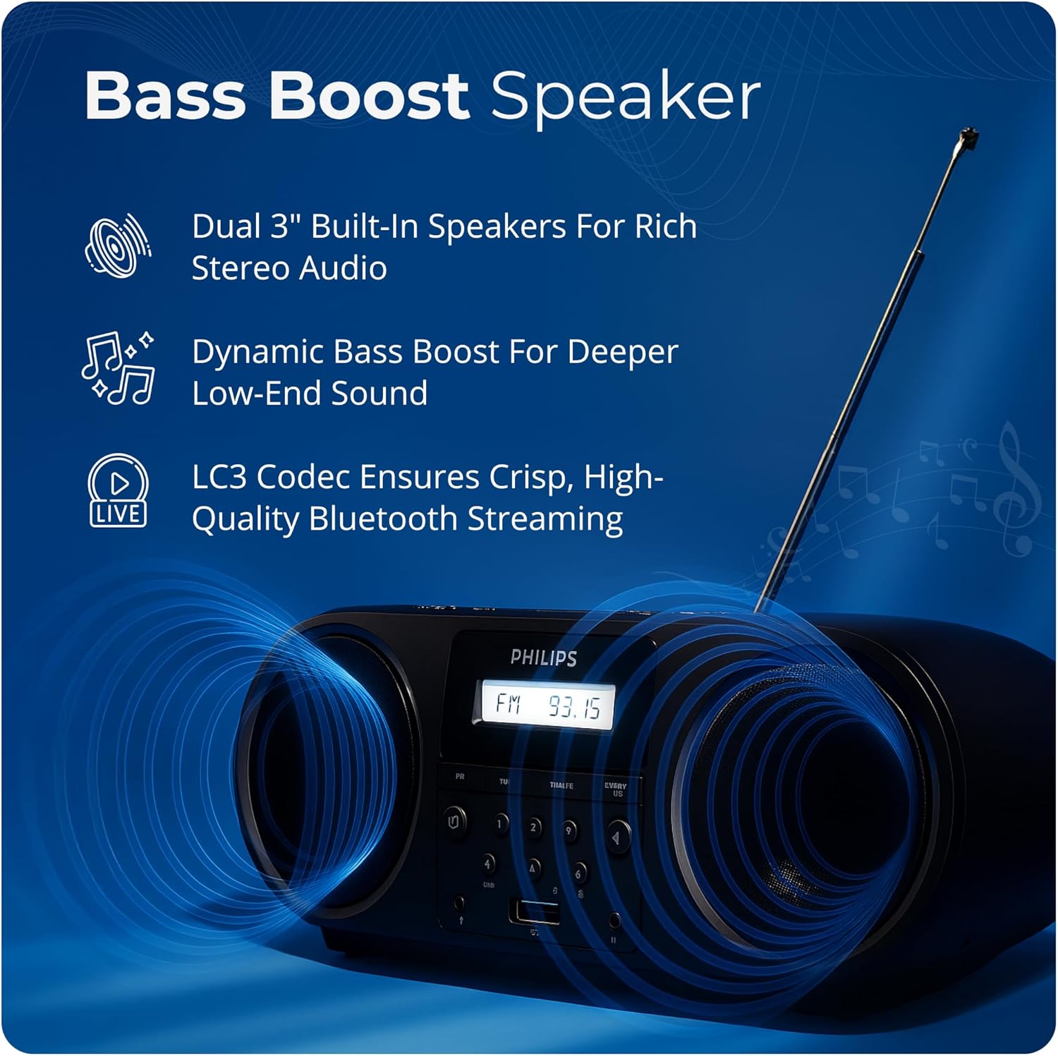 Philips Portable CD Player Boombox with Bluetooth, FM Radio, Dynamic Bass Boost Speakers, USB/Headphone Jack/Aux Input, All-in-One Compact Stereo Sound CD Player for Home, CD-RW/MP3 Playback