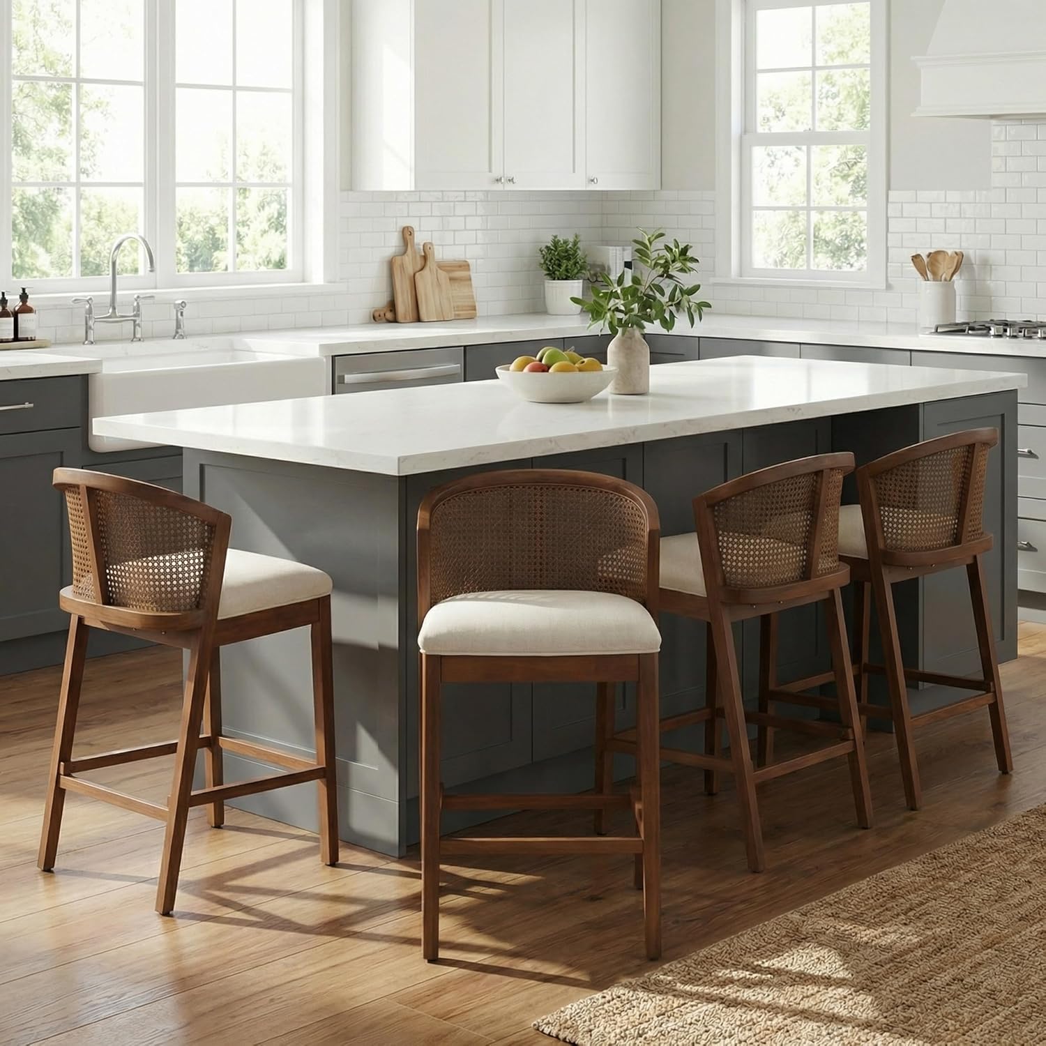 Christopher Knight Home Jane Rattan Counter Stools Set of 4, Counter Height Bar Stools for Bar Table, Rubberwood Frame with Upholstered Barstools, Wood Accent Chair with Footrest, Beige + Walnut