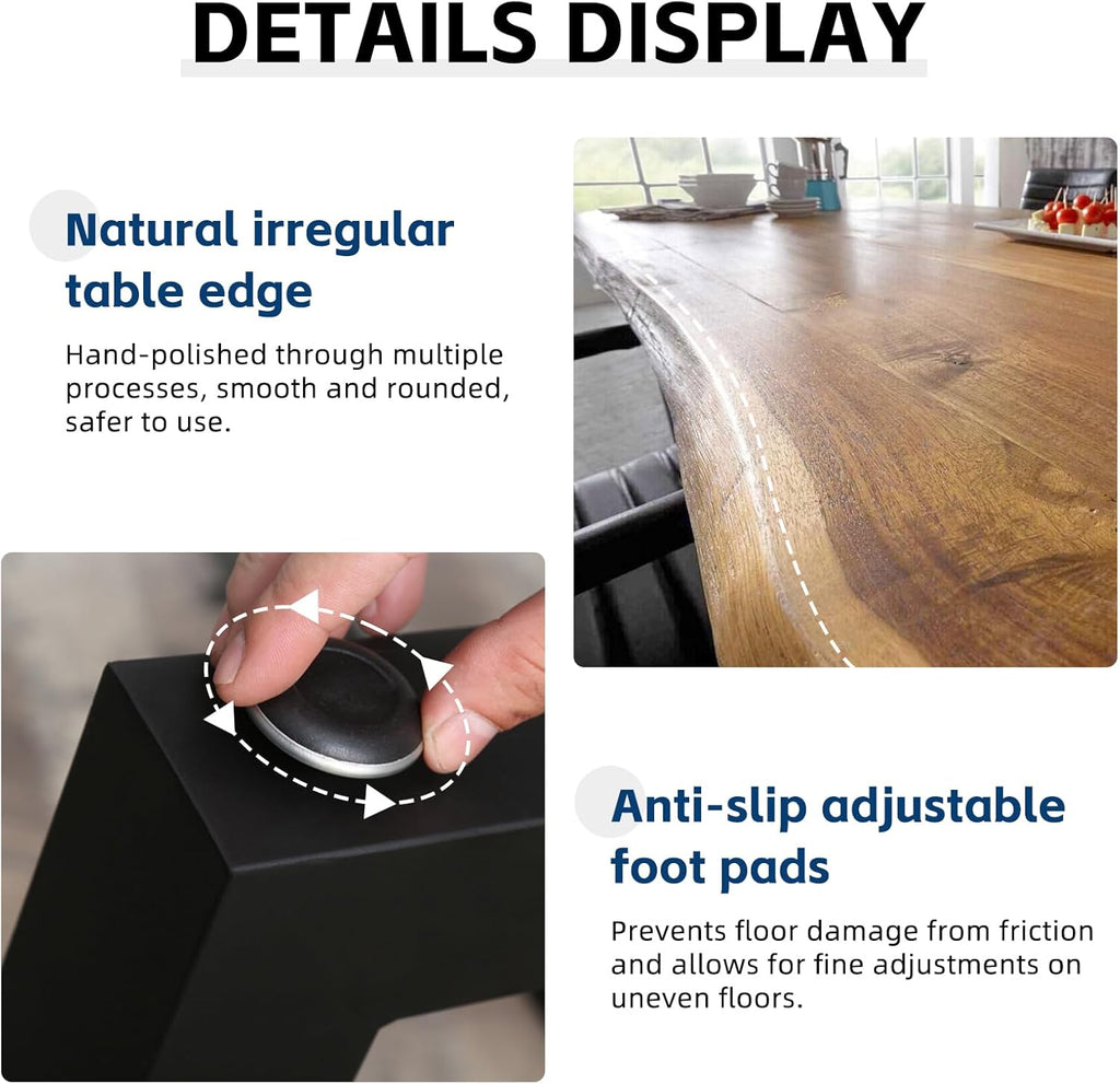 Industrial Solid Wood Dining Table,2" Solid Wood Top,Live Edge Style Kitchen Table for 4-8 People,Farmhouse Dining Room Table for Home, Restaurant or Coffee Shop