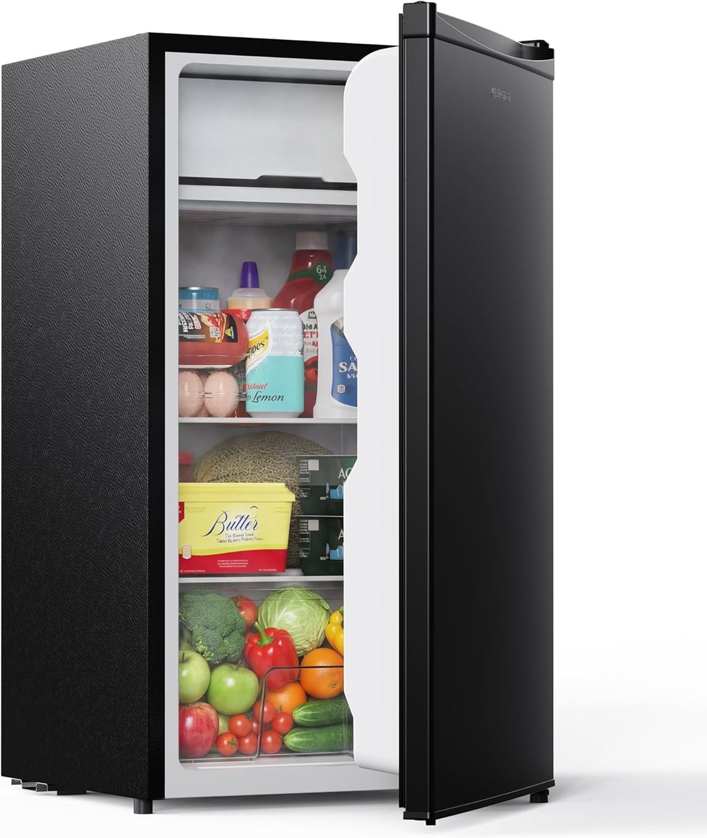 Upstreman 3.2 Cu.Ft Mini Fridge with Freezer, Quiet Efficient Small Fridge, Compact Refrigerator with Adjustable Thermostat, for Dorm, Bedroom, Office, Black-BR321