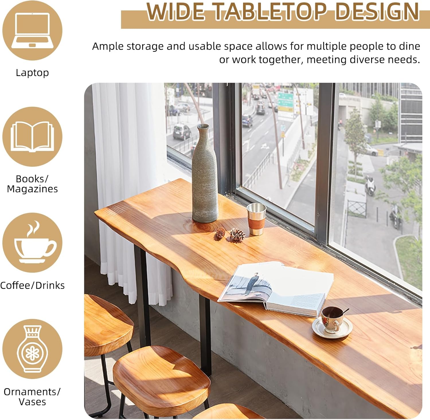 Solid Wood Bar Table, Metal Frame High Top Table, Rustic Industrial Pub Table, Narrow Long Height Tables for Kitchen Living Room Coffee Shop Small Space (no Stool Included)