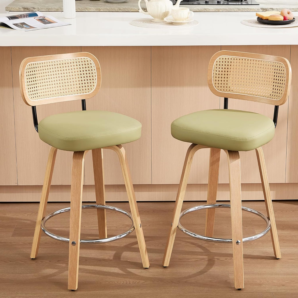Rattan Bar Stools Set of 2,Upholstered PU Leather, 26'' Counter Height Barstools with Back and Wood Legs,360°Swivel,Mid-Century Modern Bar Stool for Kitchen Island Dining Room and Bar(Grass Green)