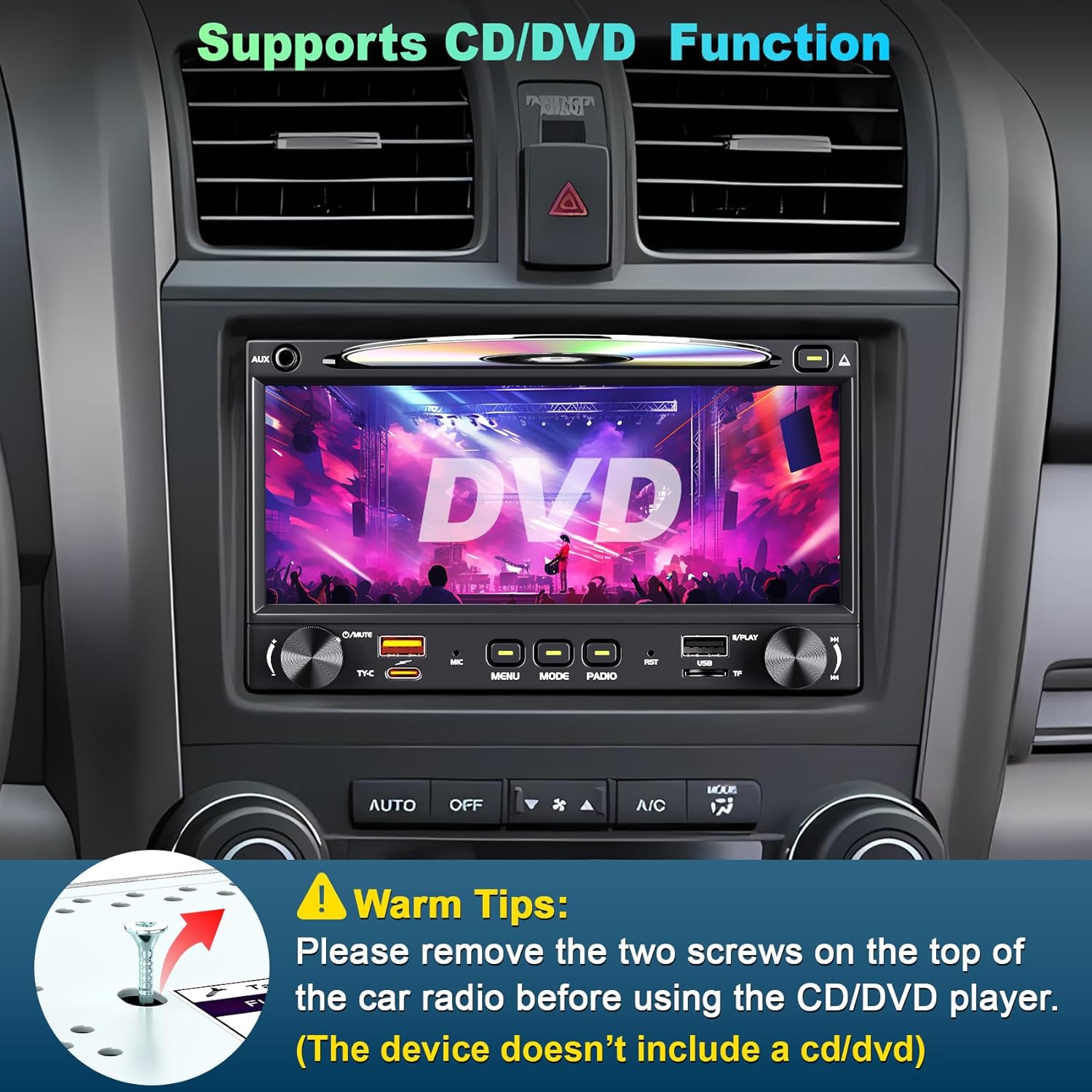 Double Din Carplay Car Radio with CD/DVD, 7 Inch Touchscreen Stereo with Wireless CarPlay & Android Auto Support Backup Camera, Bluetooth & Voice Control, Mirror Link, Subwoofer,SWC, AM/FM Radio
