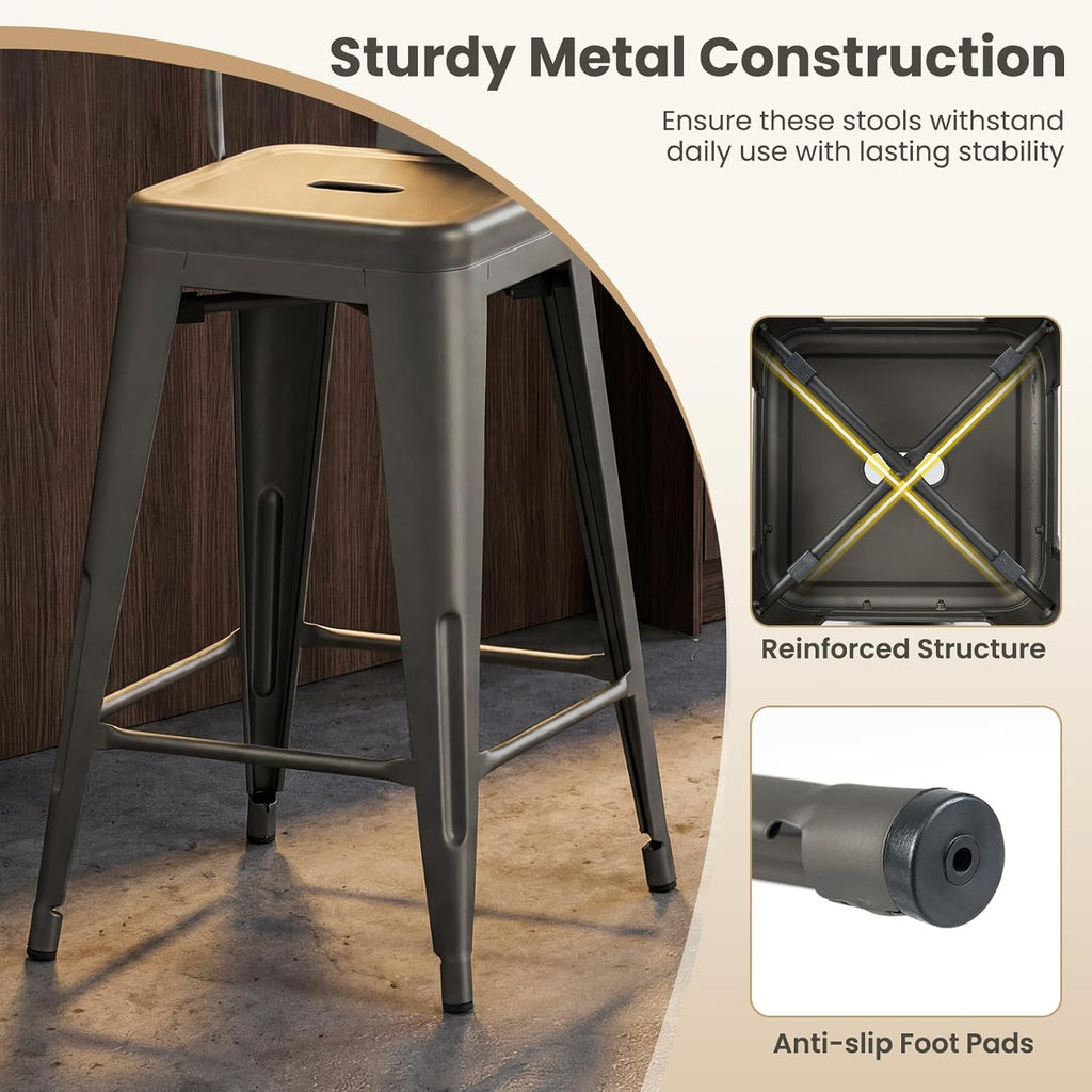 COSTWAY 24'' Metal Bar stools Set of 4, Counter Height Stools with Removable Back and Rubber Feet, Stylish and Modern Chairs, for Kitchen, Dining Rooms, and Side Bar, Gun