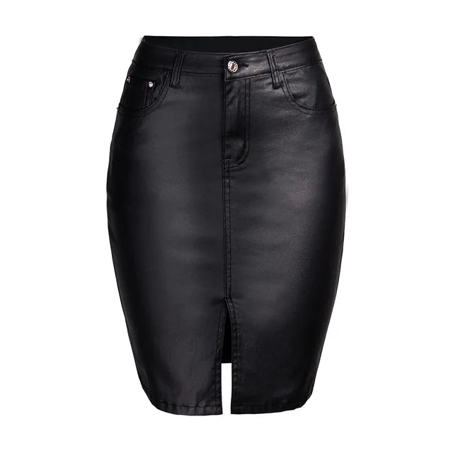 Black PU Push Up Skirts High Waist Fashion Street Wear Leather Sexy Fork Knee Length Office Lady Business Elegant Midi Skirt