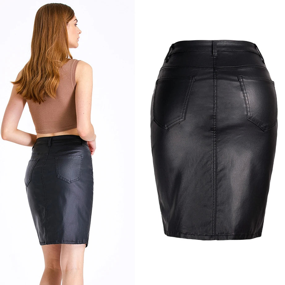 Black PU Push Up Skirts High Waist Fashion Street Wear Leather Sexy Fork Knee Length Office Lady Business Elegant Midi Skirt