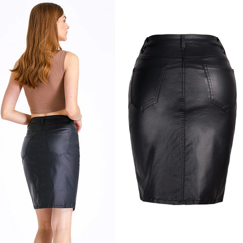 Black PU Push Up Skirts High Waist Fashion Street Wear Leather Sexy Fork Knee Length Office Lady Business Elegant Midi Skirt