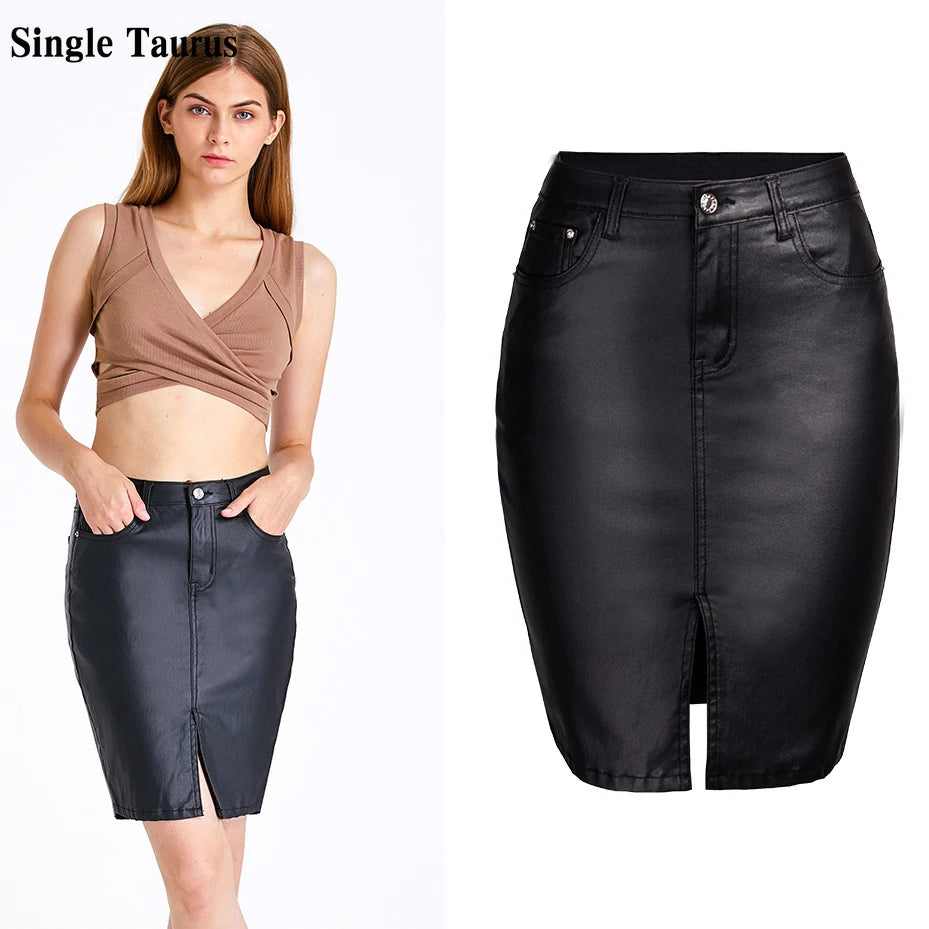 Black PU Push Up Skirts High Waist Fashion Street Wear Leather Sexy Fork Knee Length Office Lady Business Elegant Midi Skirt