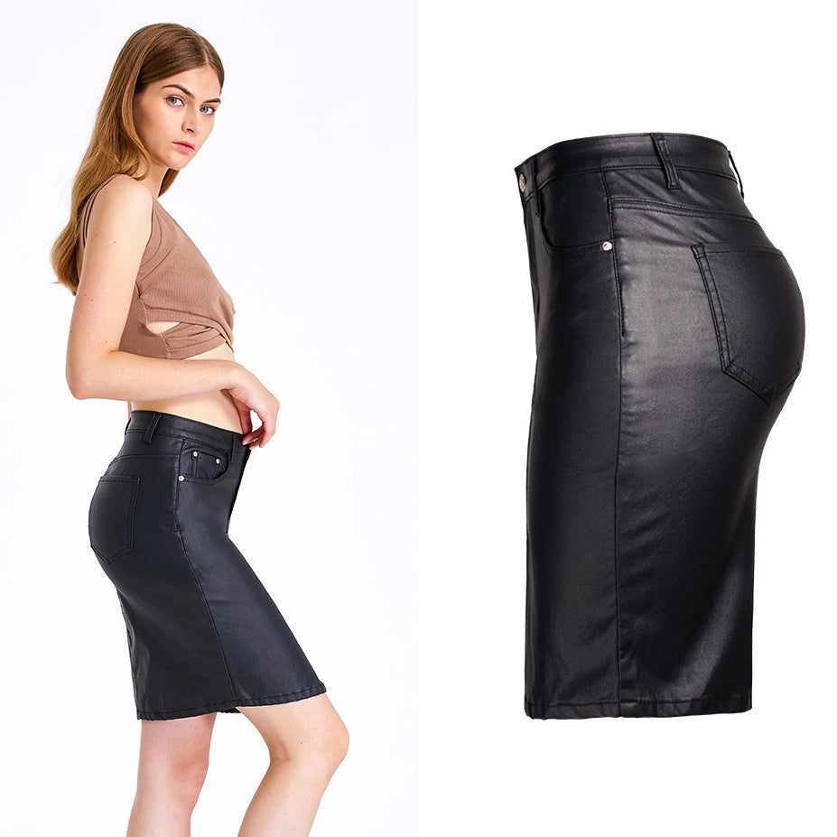 Black PU Push Up Skirts High Waist Fashion Street Wear Leather Sexy Fork Knee Length Office Lady Business Elegant Midi Skirt