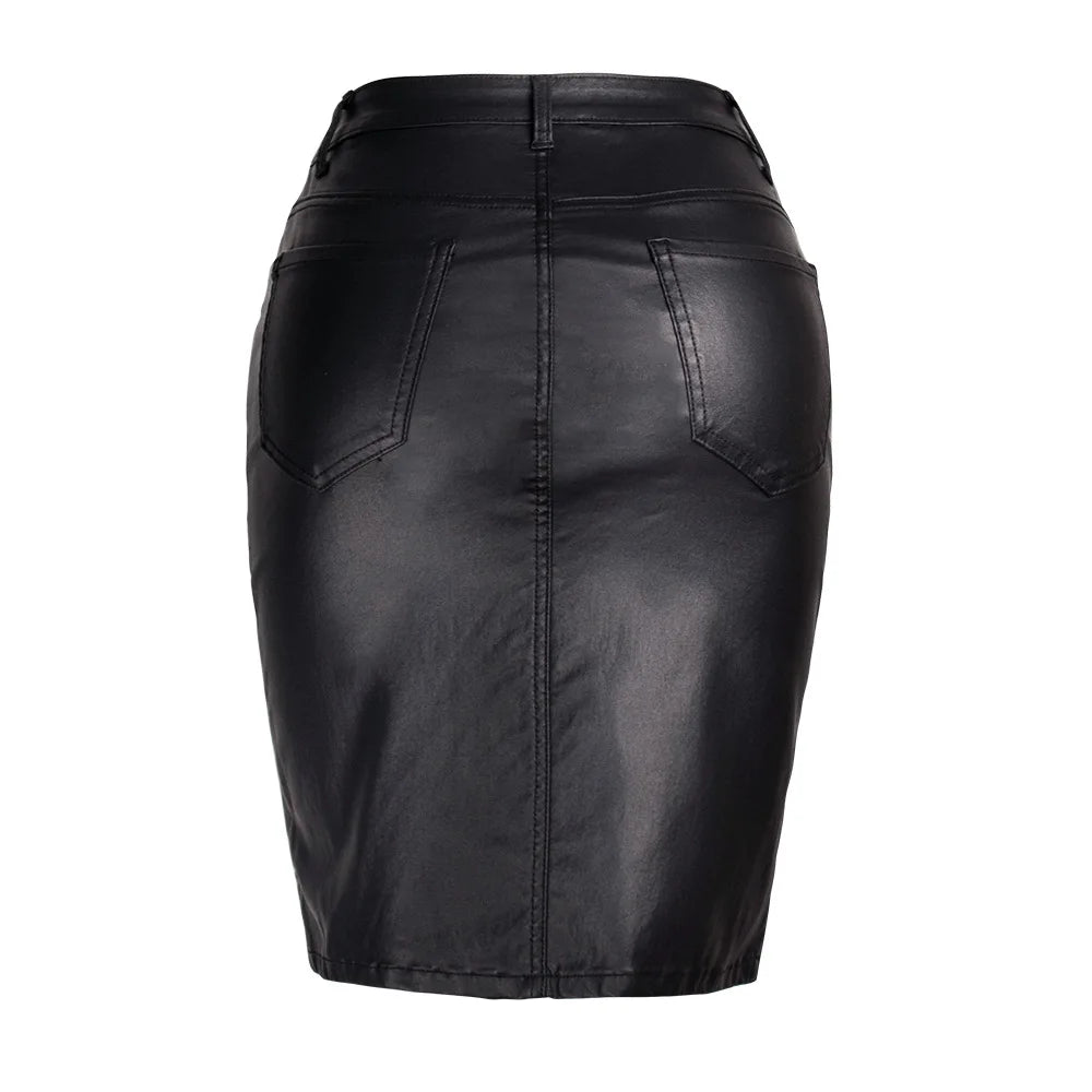 Black PU Push Up Skirts High Waist Fashion Street Wear Leather Sexy Fork Knee Length Office Lady Business Elegant Midi Skirt