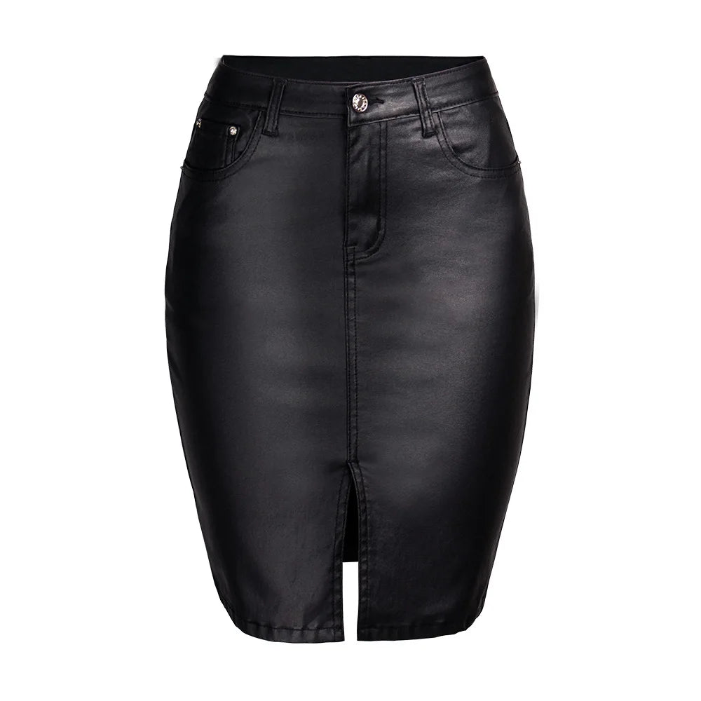 Black PU Push Up Skirts High Waist Fashion Street Wear Leather Sexy Fork Knee Length Office Lady Business Elegant Midi Skirt