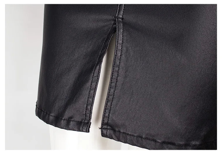 Black PU Push Up Skirts High Waist Fashion Street Wear Leather Sexy Fork Knee Length Office Lady Business Elegant Midi Skirt