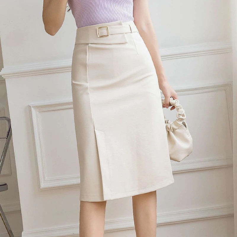 Female Elegant Business Working Skirt High Waist Split Knee Length MIDI Stretchy Bodycon Pencil Office Black Skirts Women