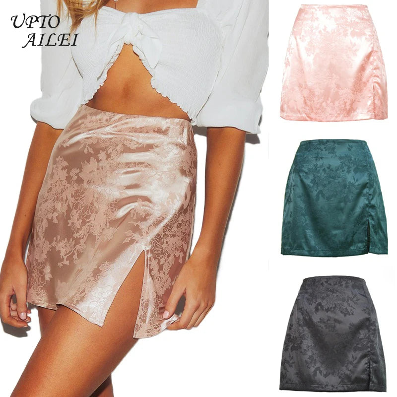 Floral Print Pink Sexy Women¡¯s Satin Skirts Black Short  Split Mini Vintage SkirtsWoman Party Dance Stage Clothing Summer