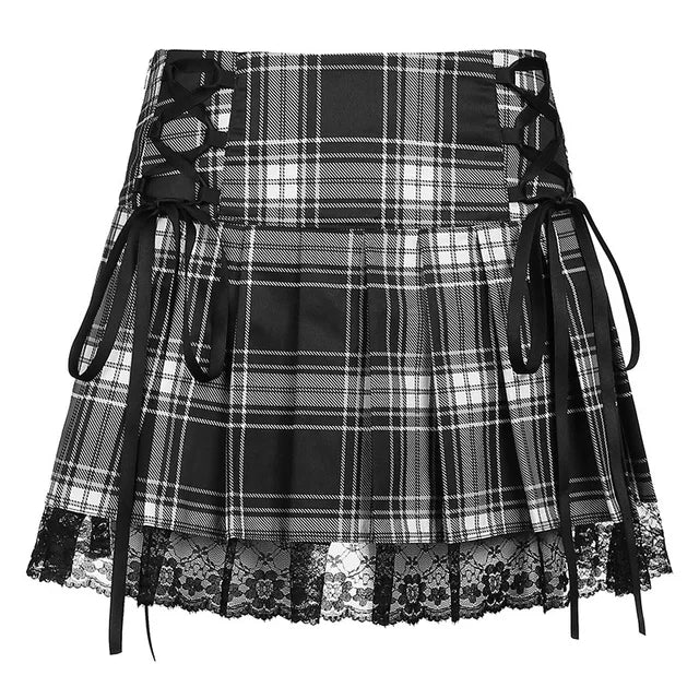 Goth Skirts Summer Y2K Woman Skirts Pink Stripe Plaid Lace Trim Pleated School Plaid Skirt Ladies Aesthetic Tie Up Jupe Femme