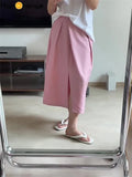 Summer Pleated Front Split Skirt Loose Straight Casual Midi Skirt Women Vintage Clothes Casual Black/pink