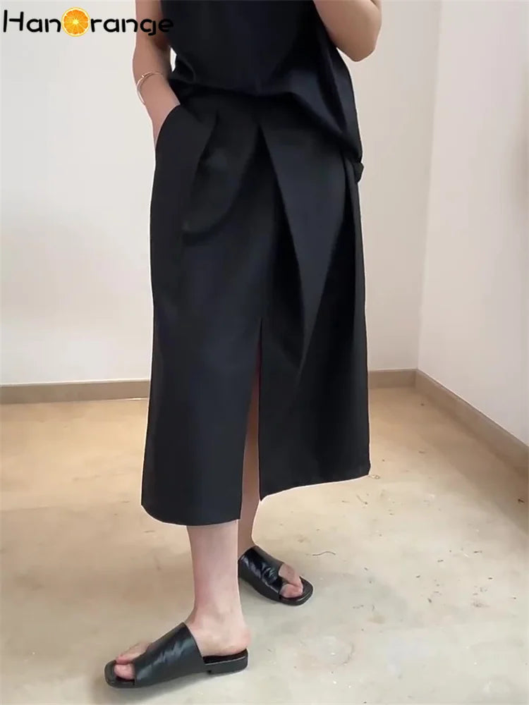 Summer Pleated Front Split Skirt Loose Straight Casual Midi Skirt Women Vintage Clothes Casual Black/pink