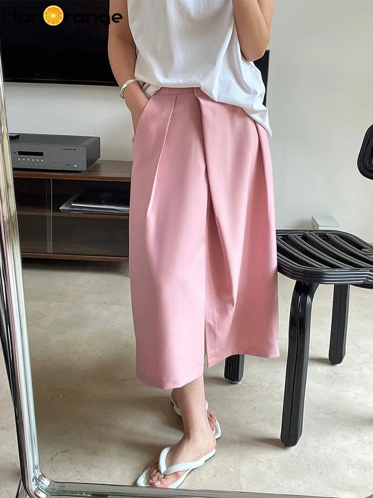 Summer Pleated Front Split Skirt Loose Straight Casual Midi Skirt Women Vintage Clothes Casual Black/pink