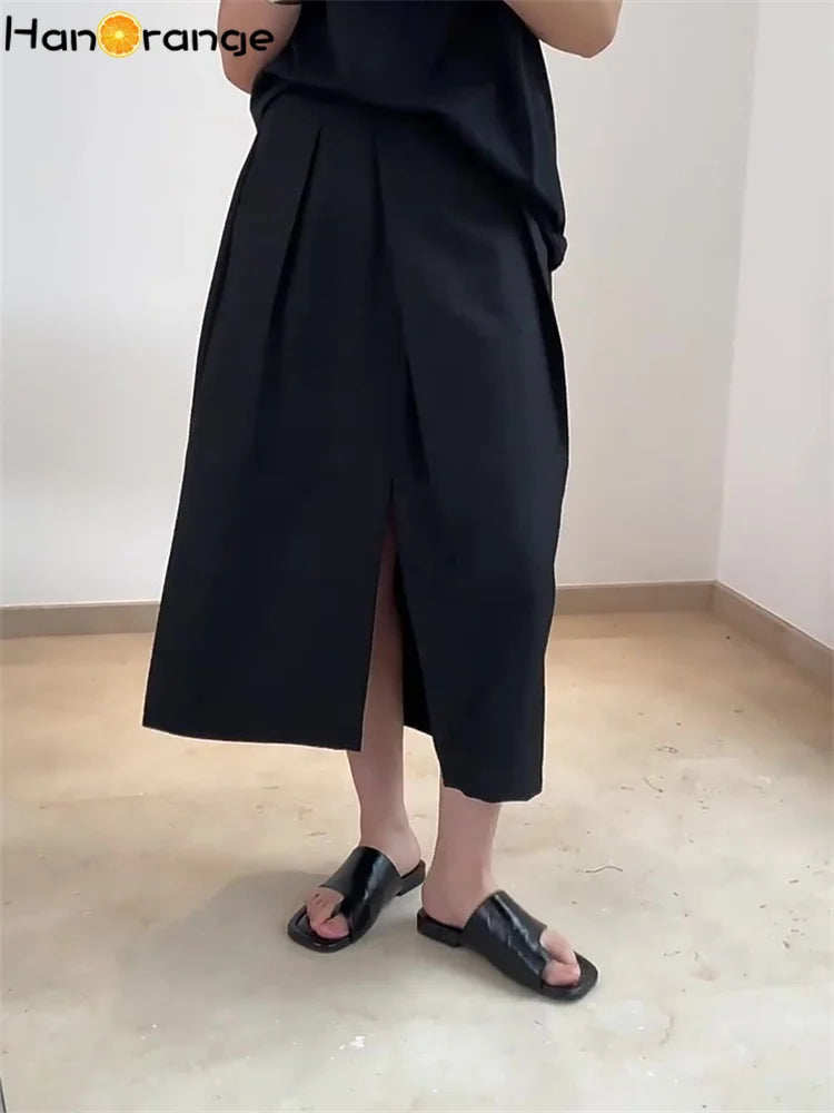 Summer Pleated Front Split Skirt Loose Straight Casual Midi Skirt Women Vintage Clothes Casual Black/pink
