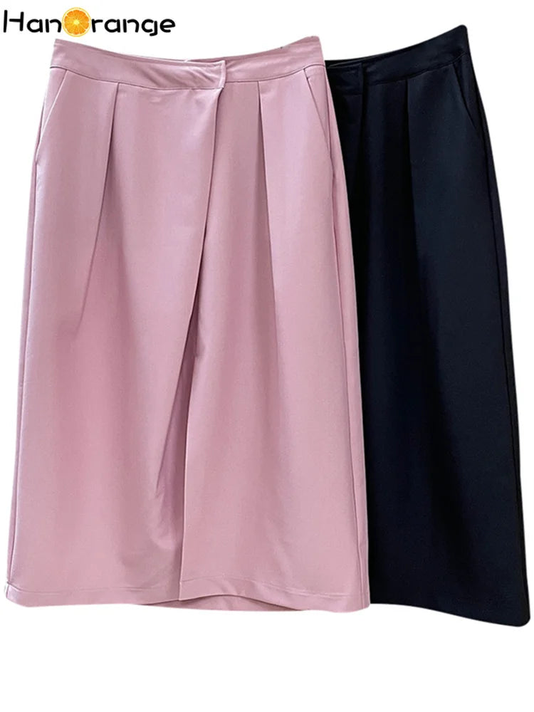 Summer Pleated Front Split Skirt Loose Straight Casual Midi Skirt Women Vintage Clothes Casual Black/pink
