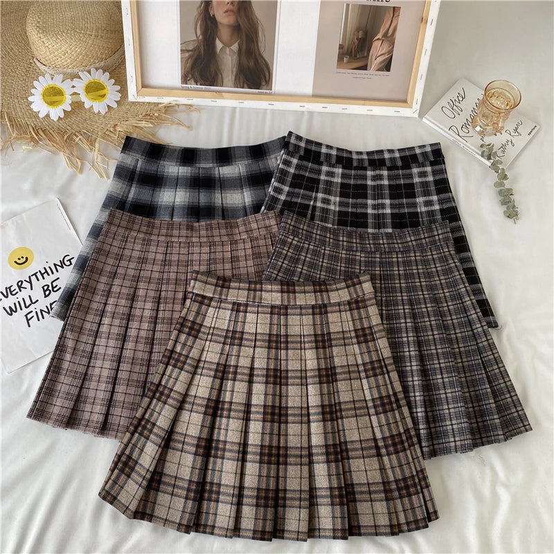 A Line Pleated Skirts Womens Korean Japanese Fashion High Waist Falda 2023 JK Plaid Mini Skirt Female Cute Faldas Mujer