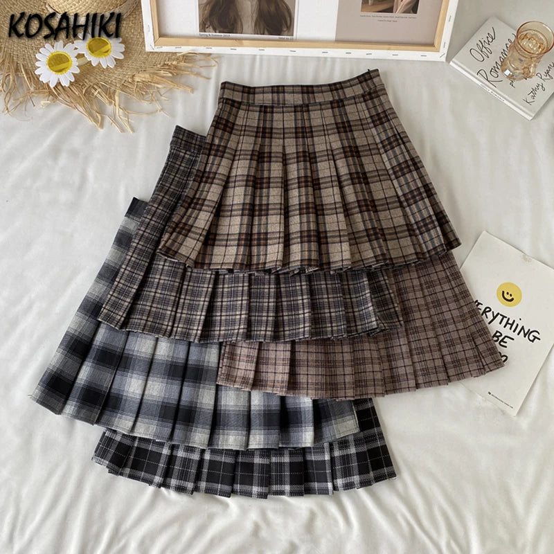 A Line Pleated Skirts Womens Korean Japanese Fashion High Waist Falda 2023 JK Plaid Mini Skirt Female Cute Faldas Mujer