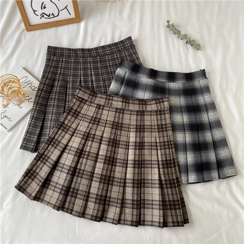 A Line Pleated Skirts Womens Korean Japanese Fashion High Waist Falda 2023 JK Plaid Mini Skirt Female Cute Faldas Mujer