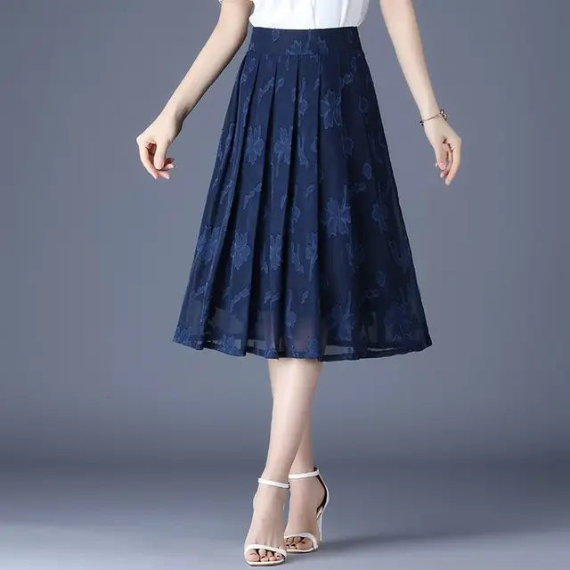 Summer Chiffon Embroidery Empire Mid-calf Floral A-line Skirt Hot Selling Office Lady Folds Temperament Women's Clothing Grace