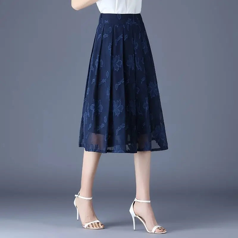 Summer Chiffon Embroidery Empire Mid-calf Floral A-line Skirt Hot Selling Office Lady Folds Temperament Women's Clothing Grace