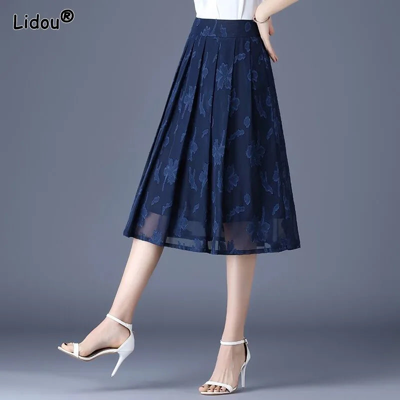 Summer Chiffon Embroidery Empire Mid-calf Floral A-line Skirt Hot Selling Office Lady Folds Temperament Women's Clothing Grace