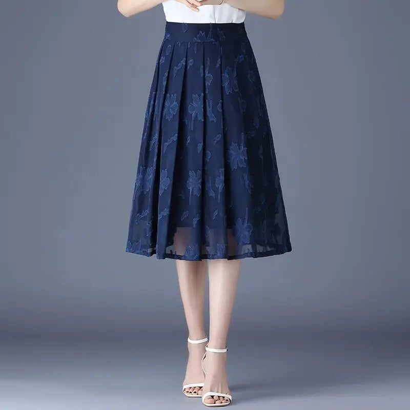 Summer Chiffon Embroidery Empire Mid-calf Floral A-line Skirt Hot Selling Office Lady Folds Temperament Women's Clothing Grace