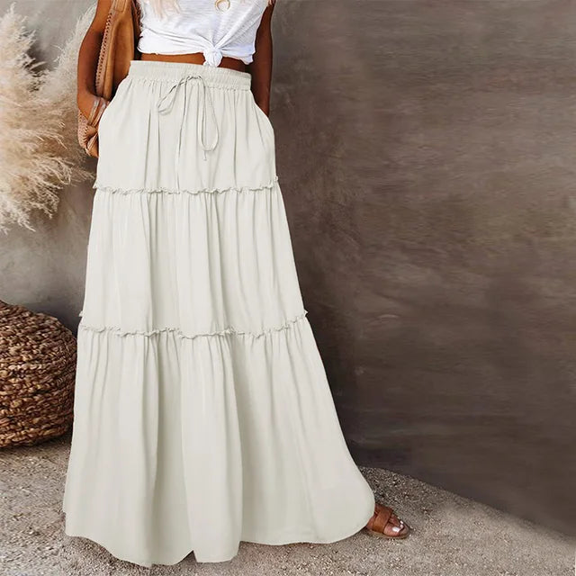 Summer High Waist Long Printed A-Line Skirt Floral Skirt Women Casual Beach Faldas Female Boho Elastic Waist Holiday Maxi Skirts