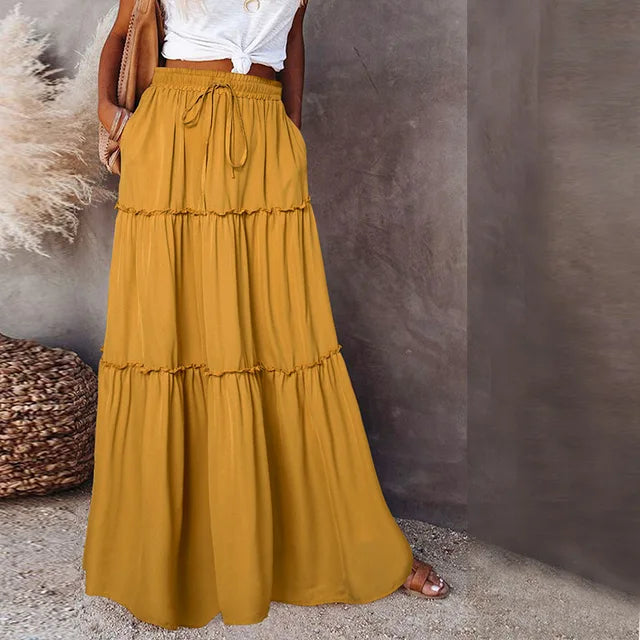 Summer High Waist Long Printed A-Line Skirt Floral Skirt Women Casual Beach Faldas Female Boho Elastic Waist Holiday Maxi Skirts