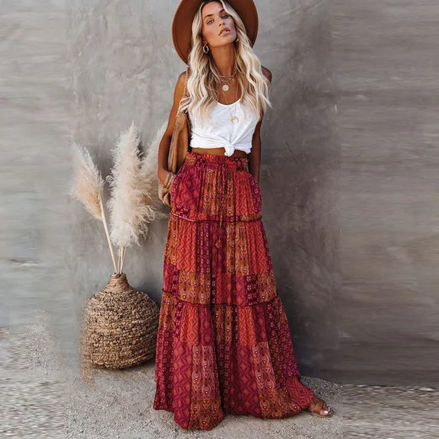 Summer High Waist Long Printed A-Line Skirt Floral Skirt Women Casual Beach Faldas Female Boho Elastic Waist Holiday Maxi Skirts