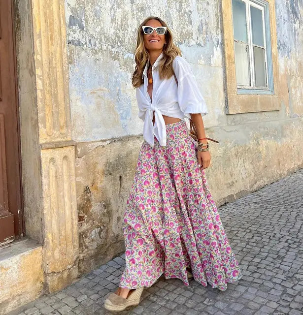 Summer High Waist Long Printed A-Line Skirt Floral Skirt Women Casual Beach Faldas Female Boho Elastic Waist Holiday Maxi Skirts