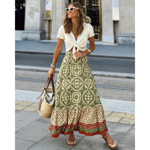 Summer High Waist Long Printed A-Line Skirt Floral Skirt Women Casual Beach Faldas Female Boho Elastic Waist Holiday Maxi Skirts