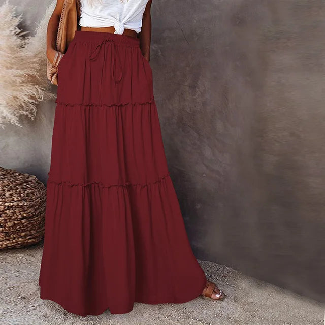 Summer High Waist Long Printed A-Line Skirt Floral Skirt Women Casual Beach Faldas Female Boho Elastic Waist Holiday Maxi Skirts